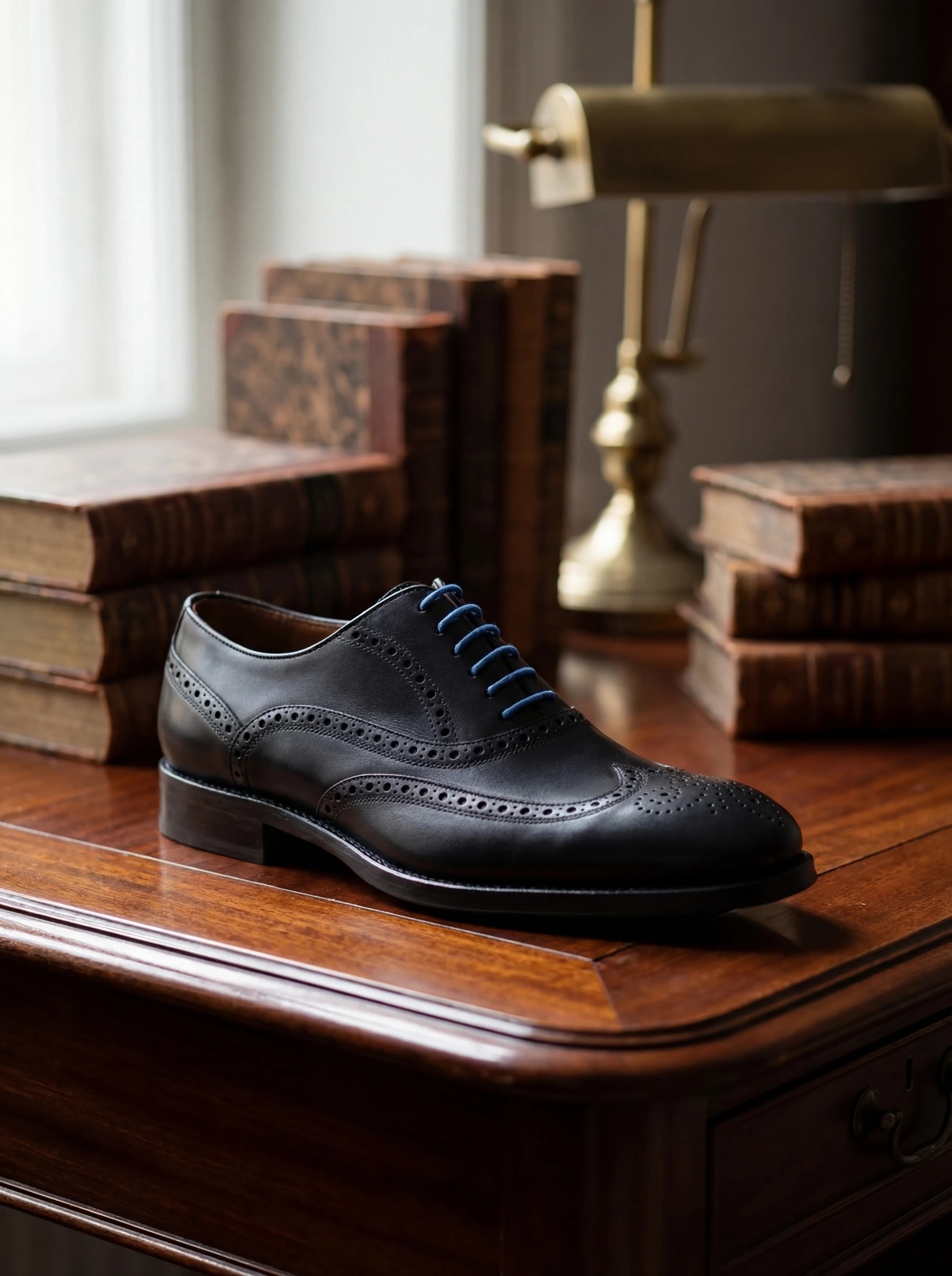 Serfan Oxford Brogues - Classic black leather with blue laces on antique wood