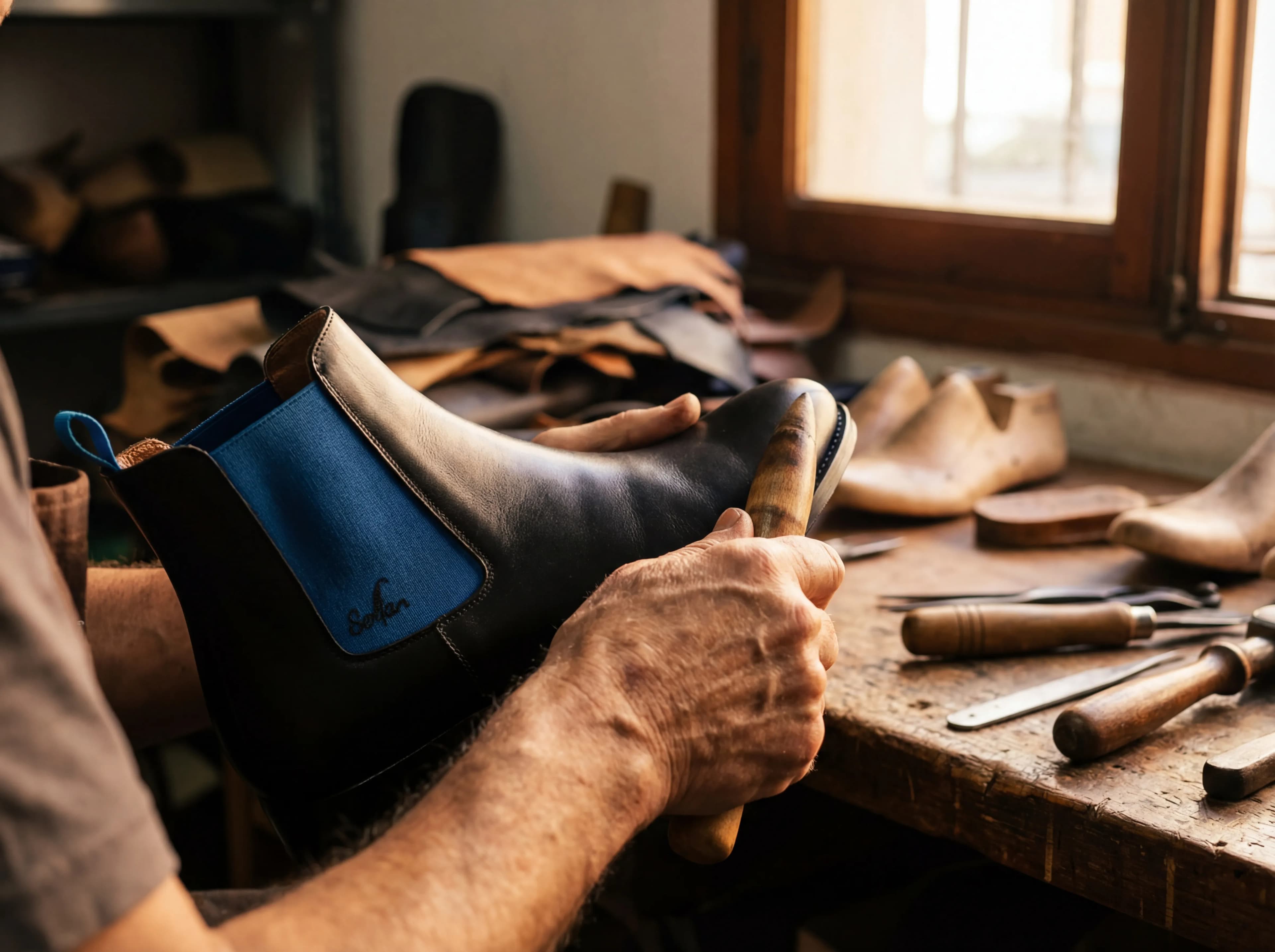 Serfan craftsmanship - Skilled artisan hands crafting a Chelsea boot in Spanish workshop